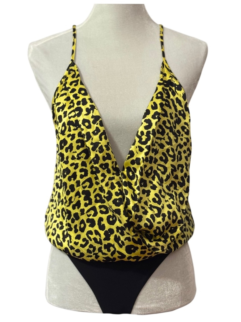 Michelle Mason Neon Yellow Leopard Print Silk V-Neck Wrap Effect Bodysuit Top